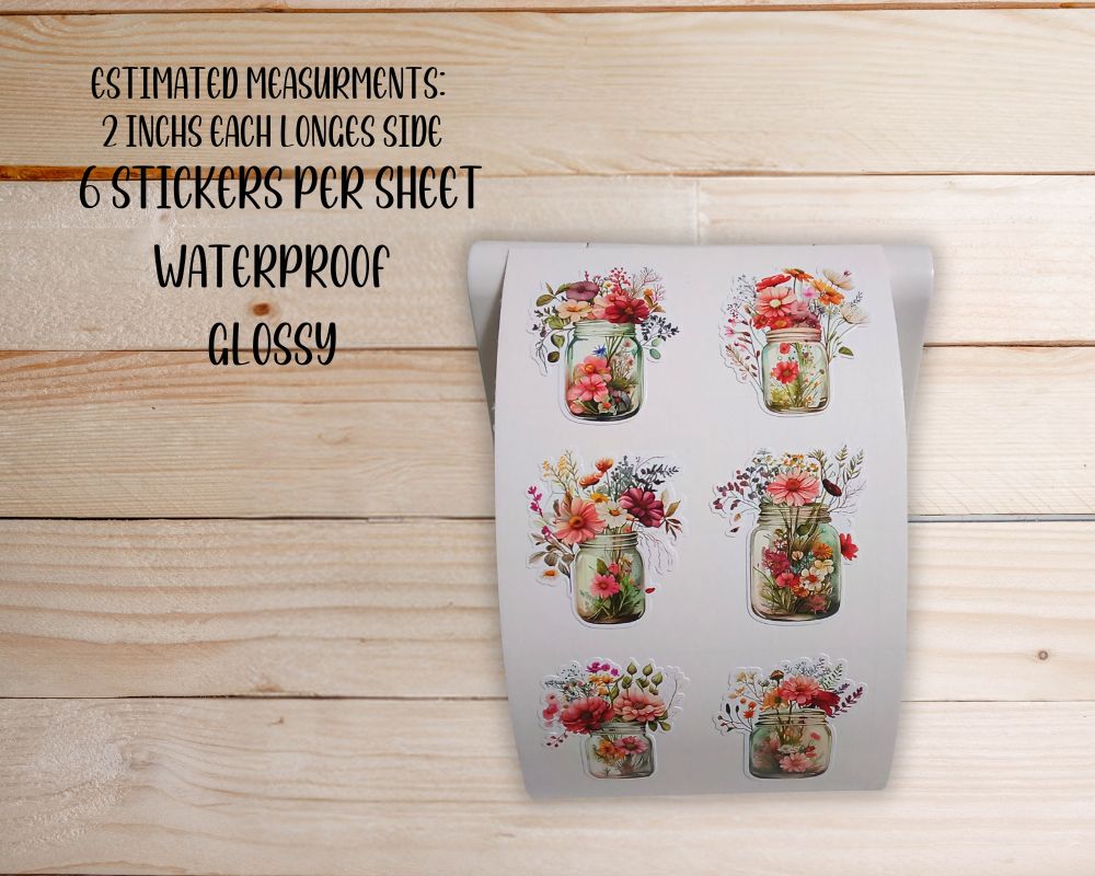 Mason Jar Floral Sticker Sheet-Waterproof Vinyl Durable-Scrapbook Stickers-Novelty Sticker