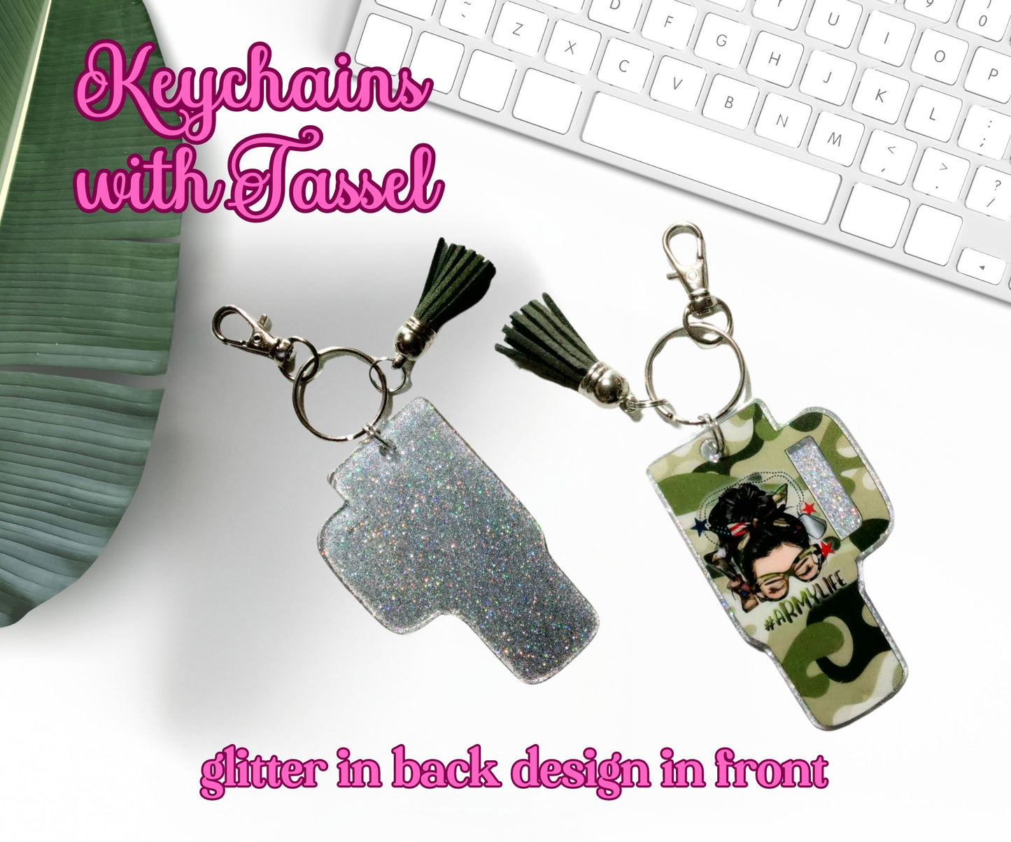 Tumbler Cup Keychain Army Life Glitter Resin with Tassel Keychain-Novelty Keychain-Resin Acrylic Keychain-With Tassel Keychain