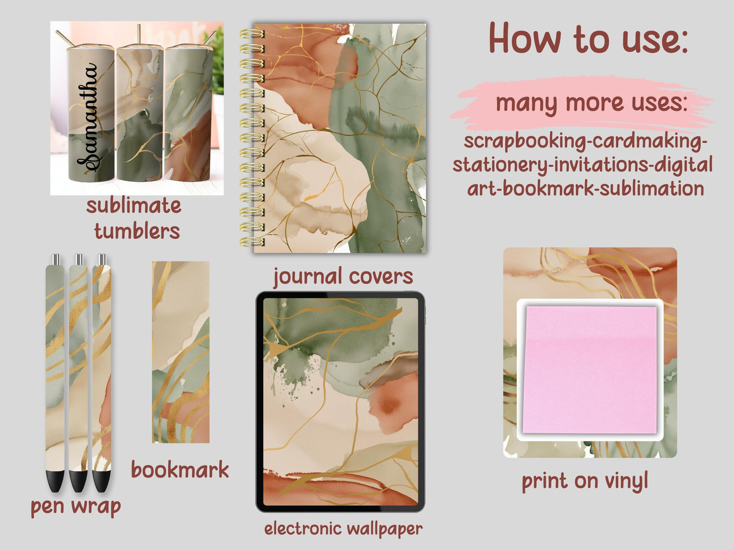 Boho Watercolor Gold Foil Digital Pattern Paper Bundle