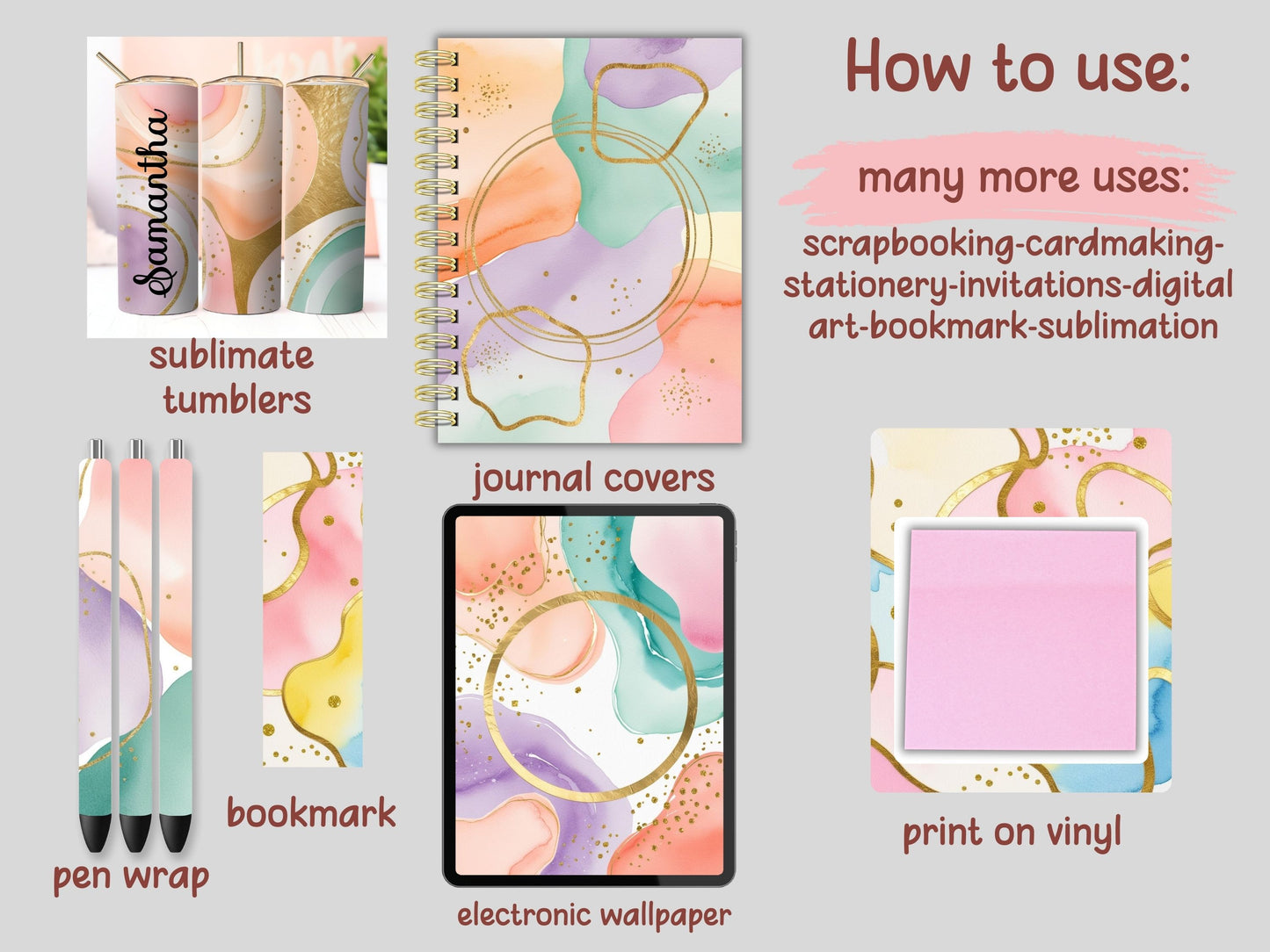 Pastel Gradient Watercolor Gold Digital Pattern Paper Bundle