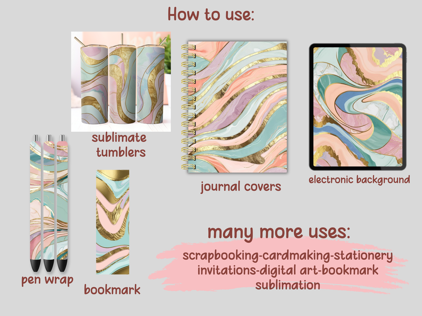 Pastel Colors and Gold Marble Digital Pattern Paper Bundle