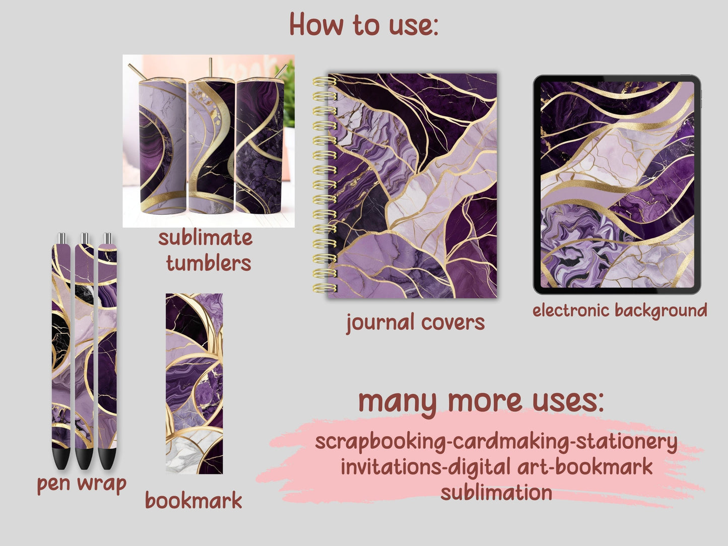 Purple and Gold Marble Digital Pattern Paper Bundle