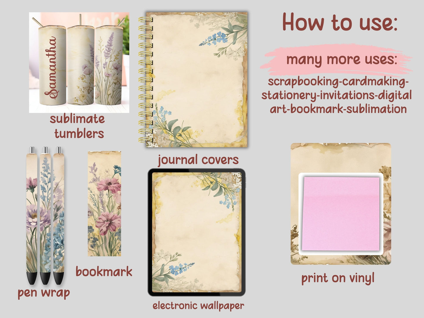 Wildflowers Vintage Floral Digital Pattern Paper Bundle