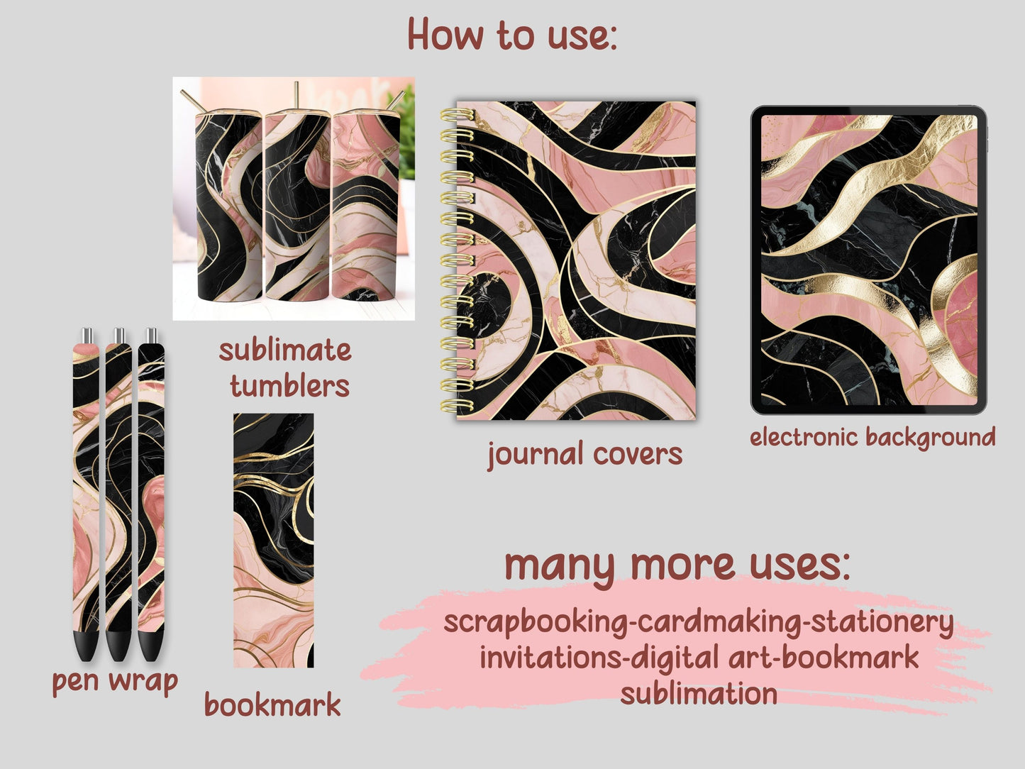 Pink and Black Gold Marble Digital Pattern Paper Bundle