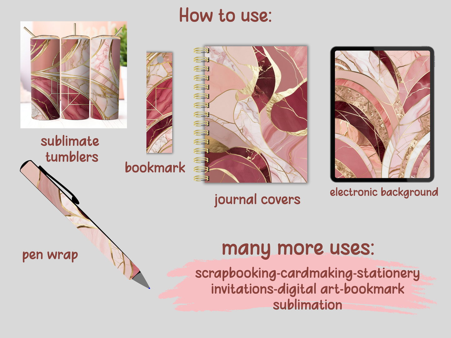 Pink and Gold Marble PNG Digital Pattern Paper Bundle