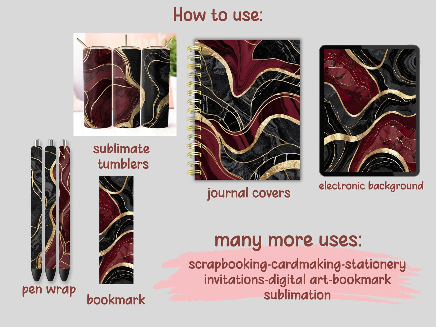 Black and Burgundy Gold Marble Digital Pattern Paper Bundle