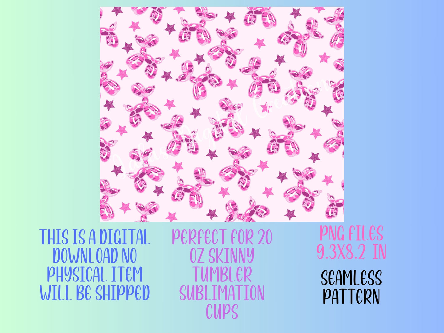 Pink Camo Preppy Balloon Dog 20zo Tumbler Wrap PNG Digital Download