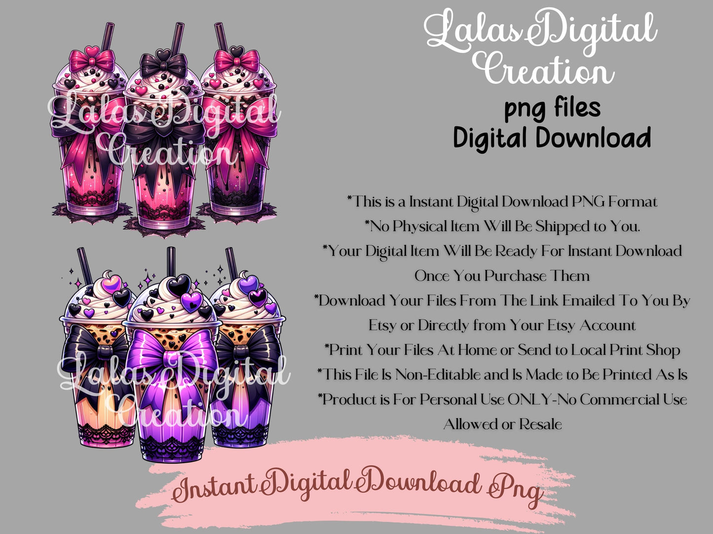 Goth Lace Bow Iced Coffee Drink Clipart Bundle Instant Digital PNG Download