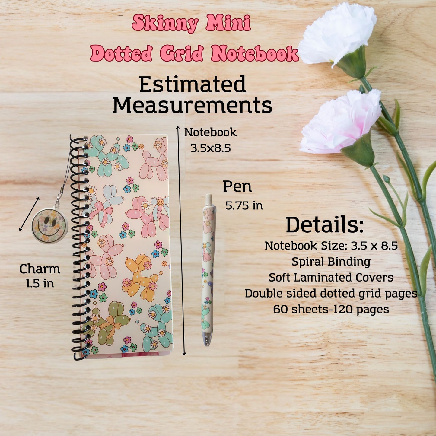 Preppy Balloon Dog Skinny Mini Dot Grid Spiral Notebook Gift Set