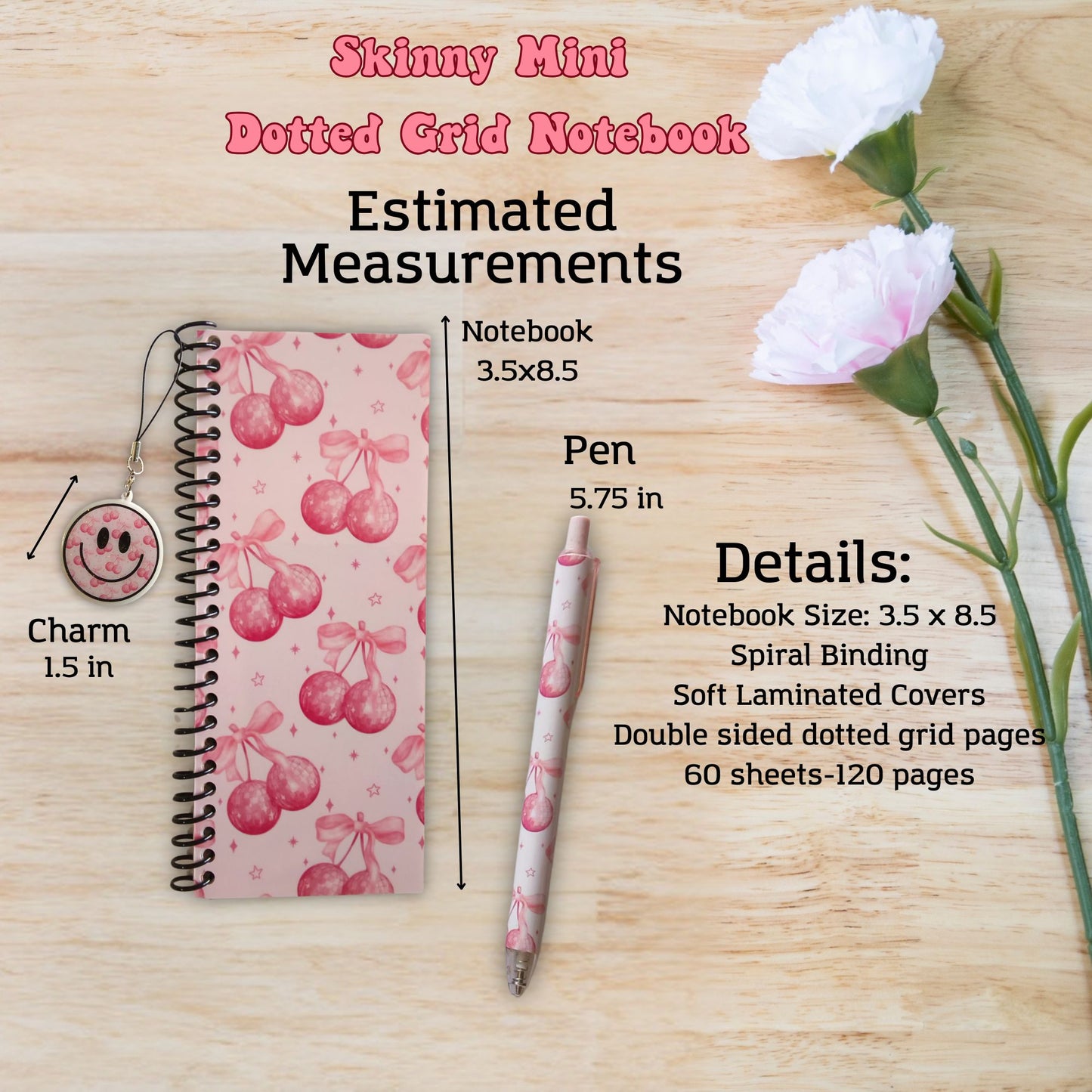 Coquette Cherry Skinny Mini Dot Grid Spiral Notebook Gift Set