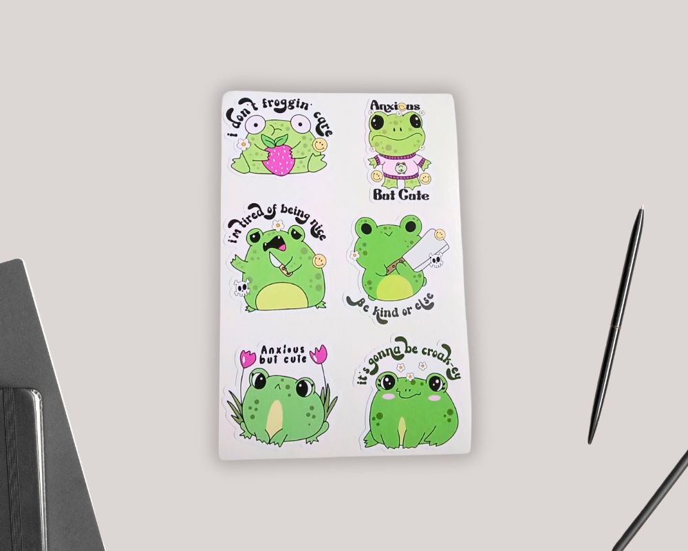Kawaii Frog Self Care Mental Health Sticker Sheet