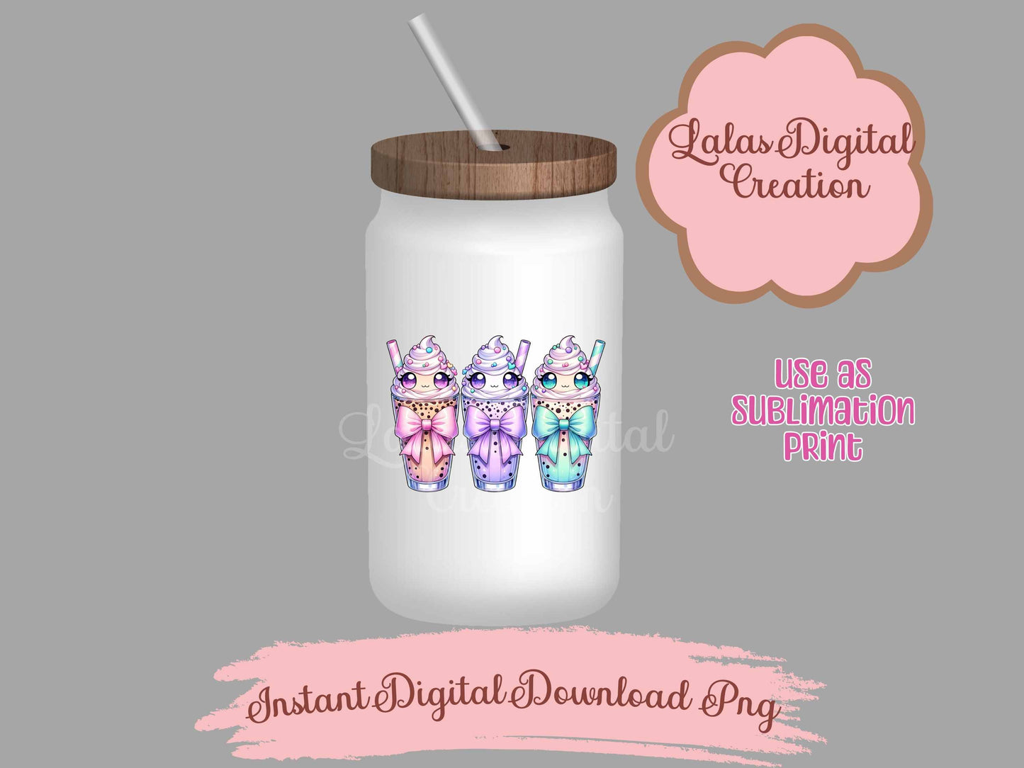 Kawaii Iced Coffee Drink Coquette Bow Clipart PNG Instant Digital Download