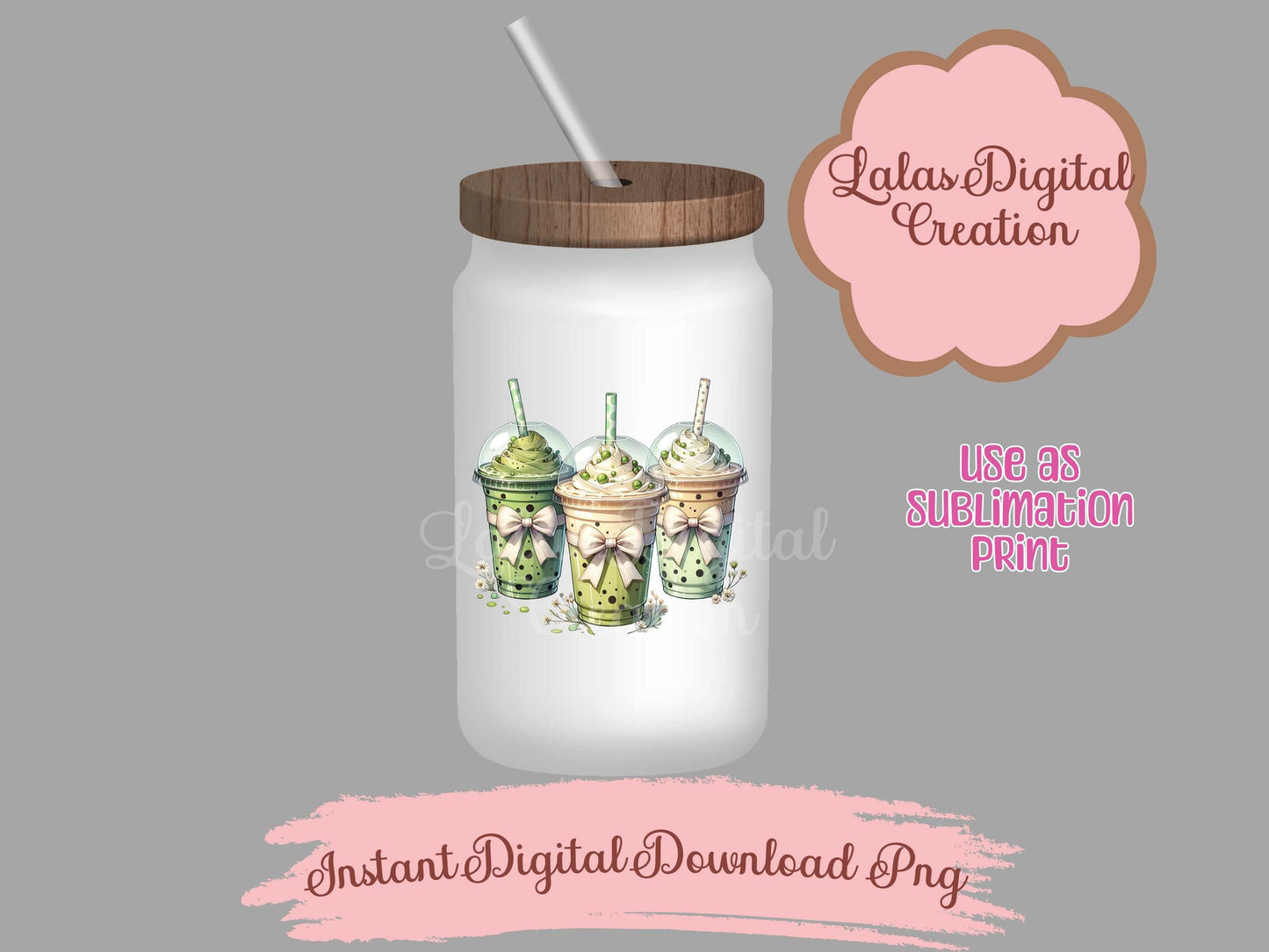 Green Iced Coffee Drink Coquette Bow Clipart PNG Instant Digital Download