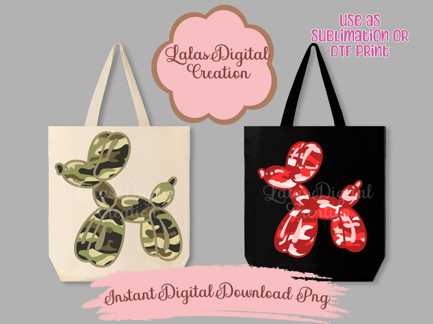 Preppy Camo Balloon Dog Clipart PNG Instant Digital Download