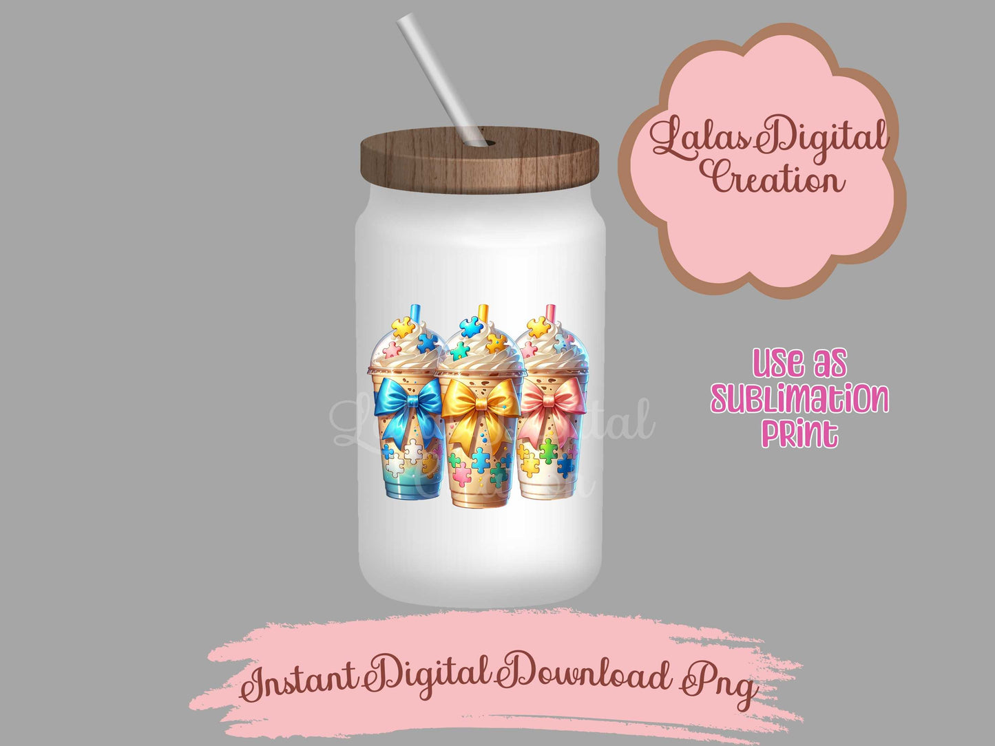 Autism Puzzle Iced Coffee Drink Coquette Bow Bundle Clipart PNG Instant Digital Download