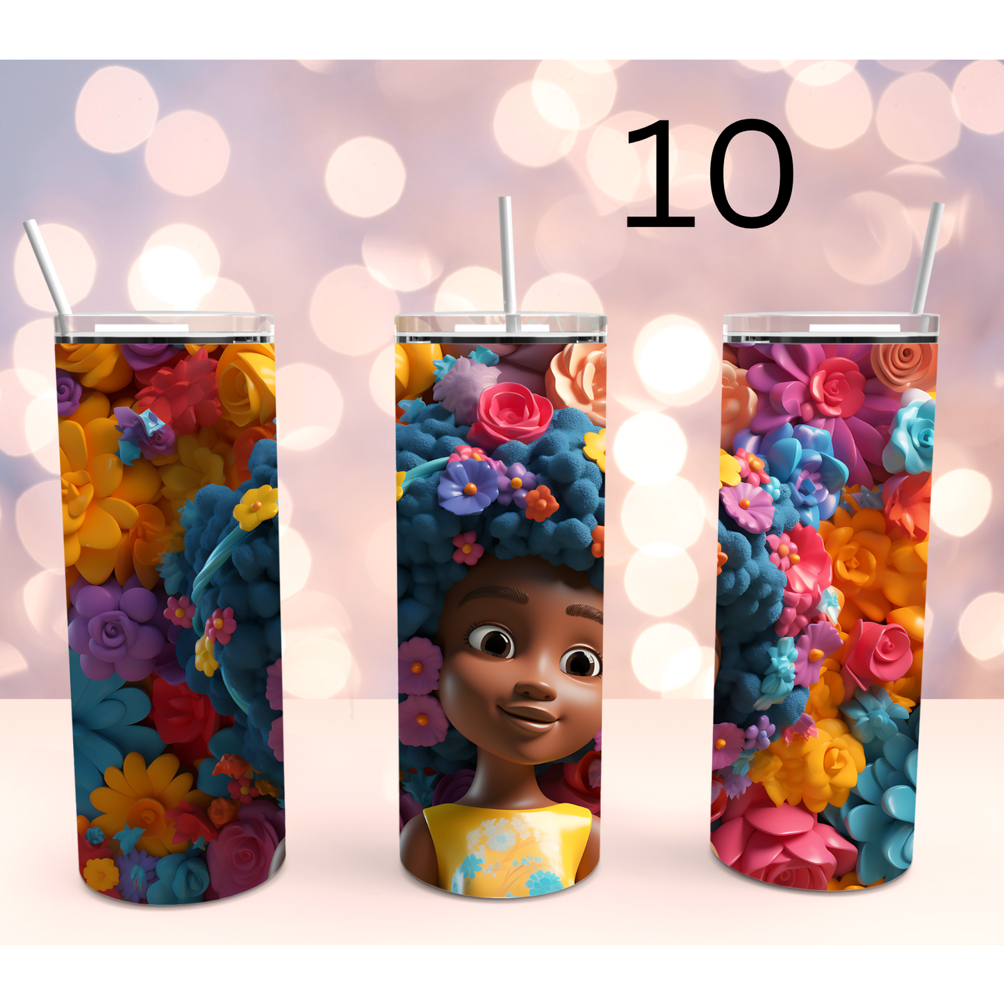 Cute African American Girl 3D Floral Stainless Steel Tumbler Cup