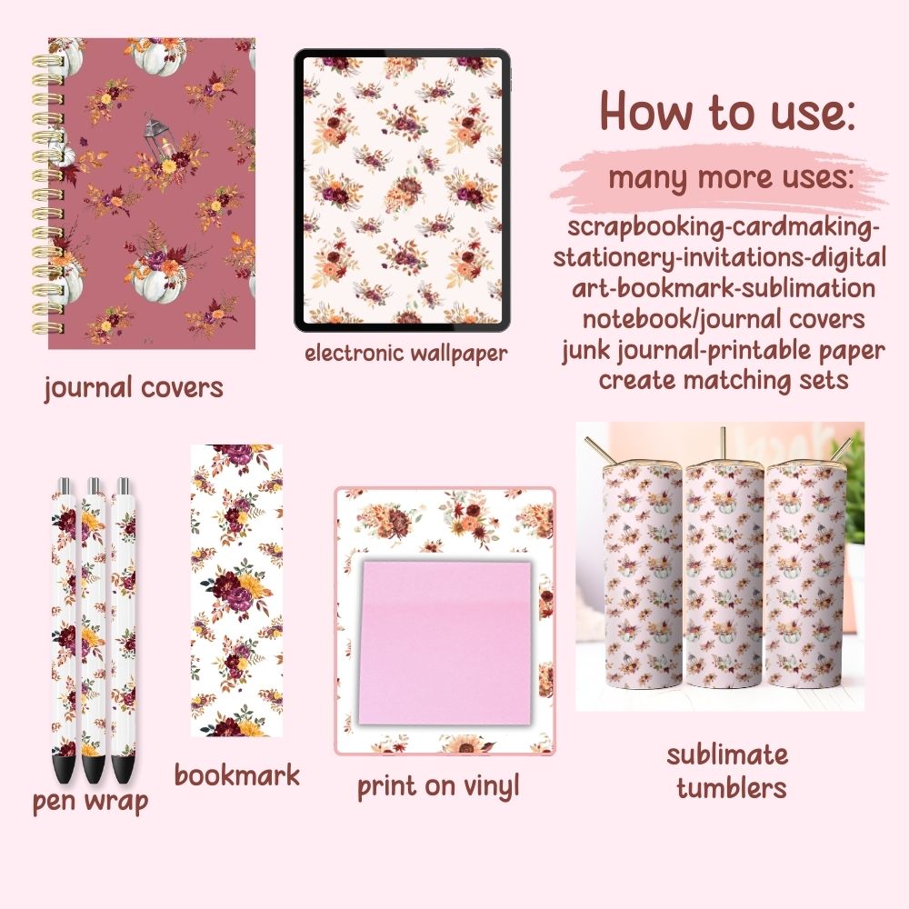 Autumn Fall Floral Seamless Digital Pattern Paper Set