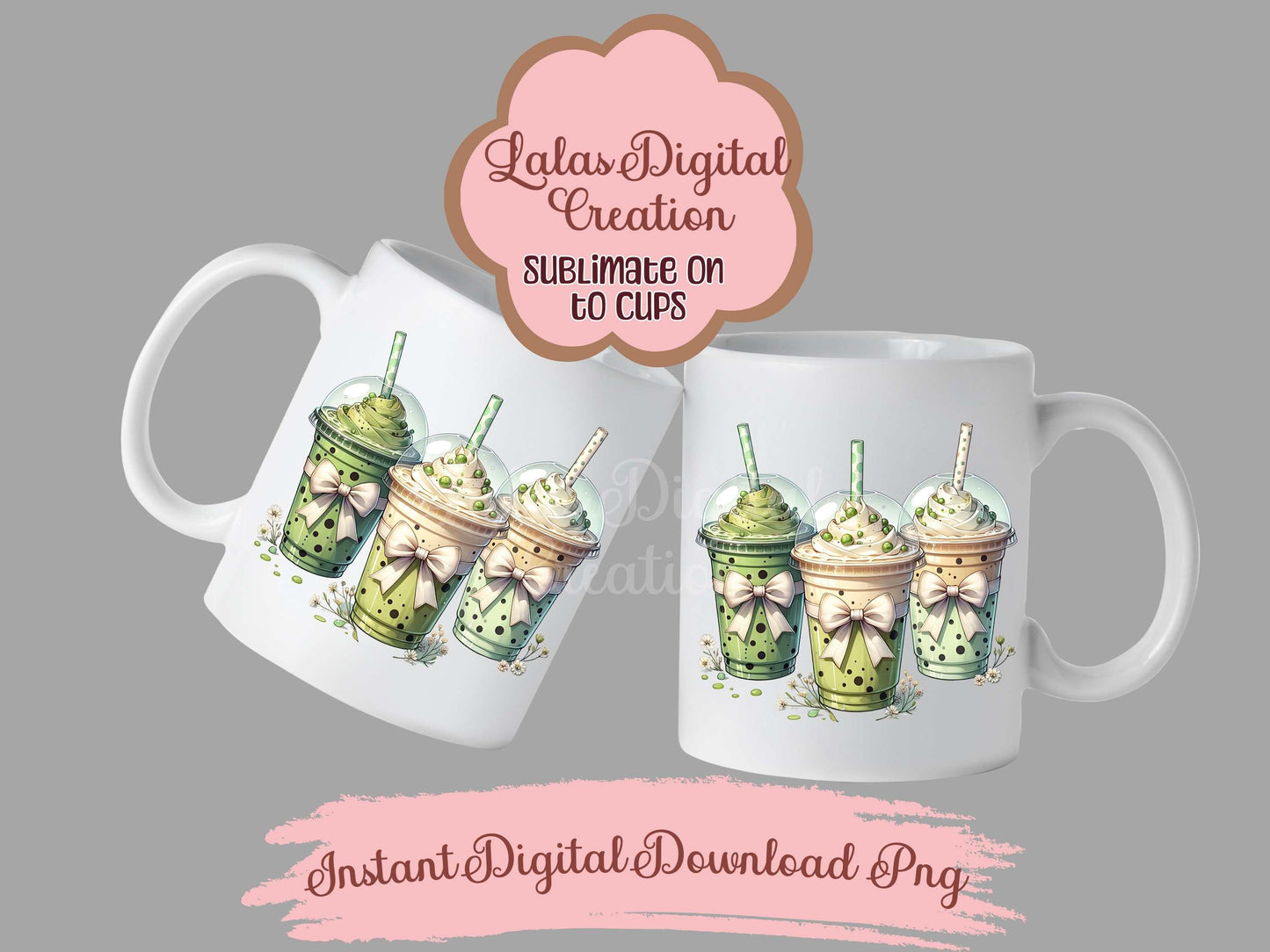 Green Iced Coffee Drink Coquette Bow Clipart PNG Instant Digital Download