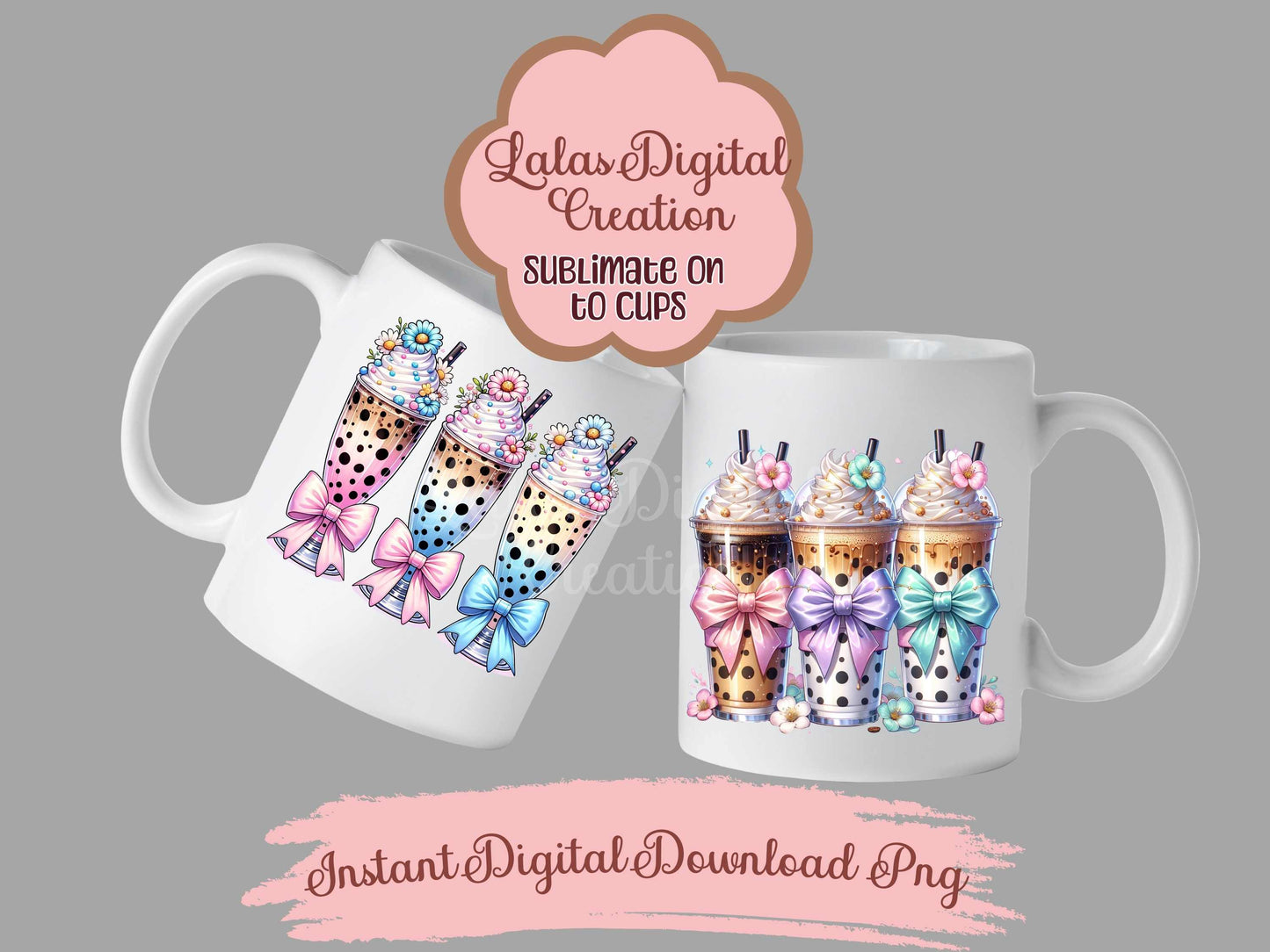 Iced Coffee Drink Coquette Bow Bundle Clipart PNG Instant Digital Download