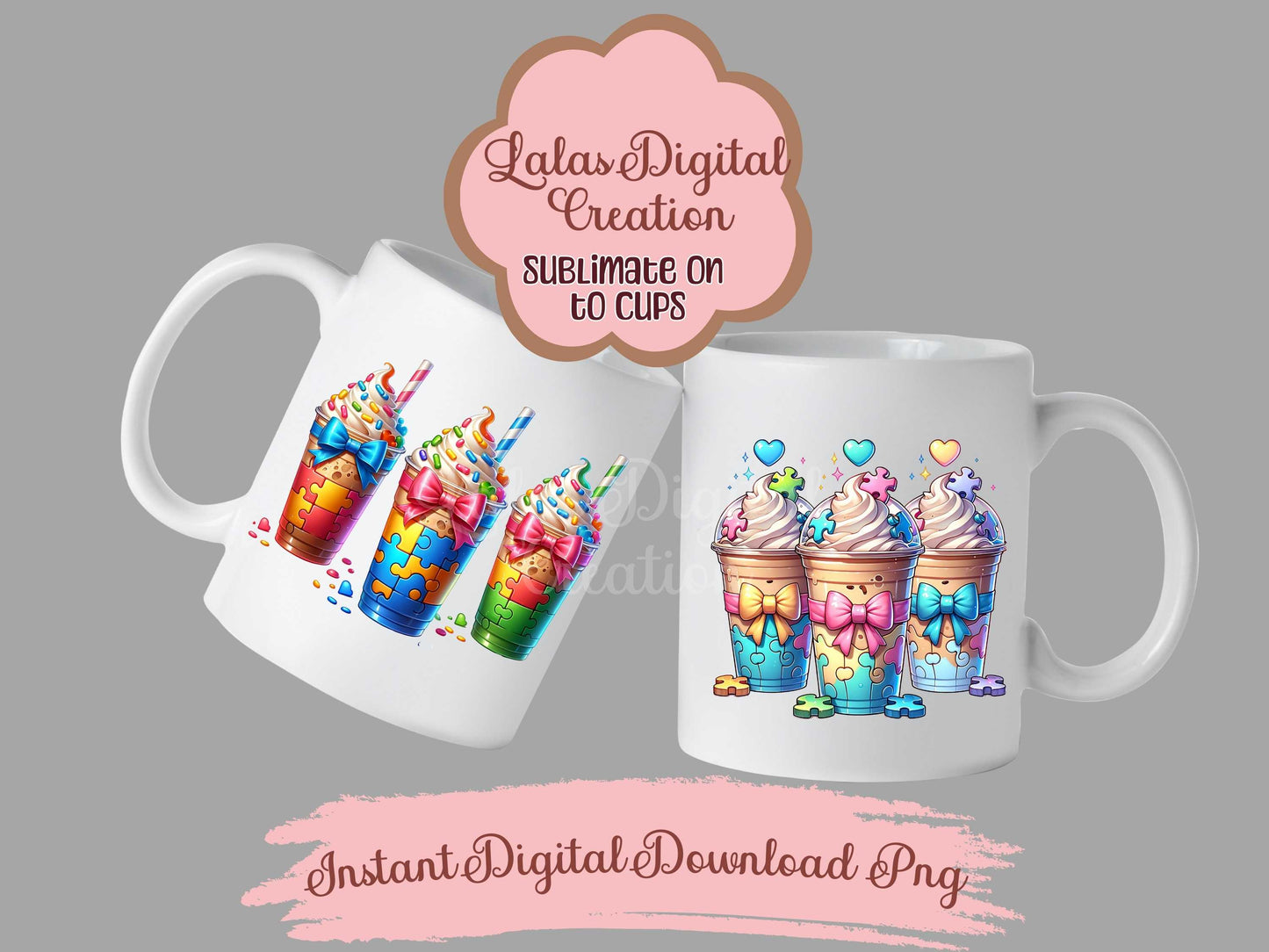Autism Puzzle Iced Coffee Drink Coquette Bow Bundle Clipart PNG Instant Digital Download