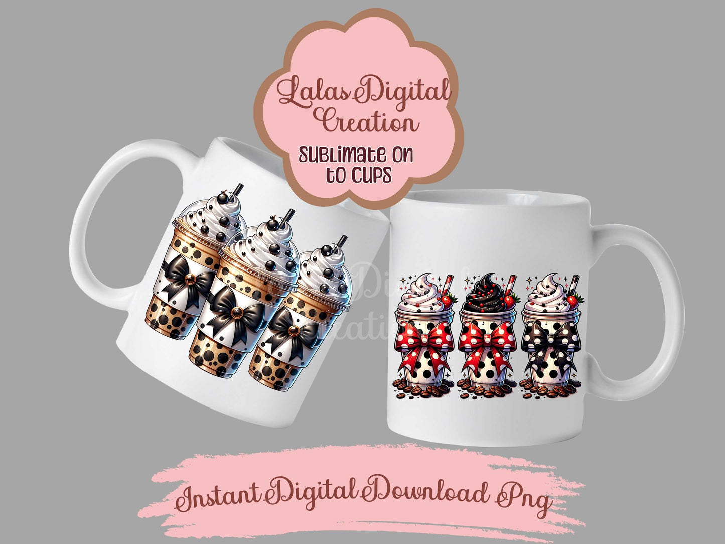 Polka Dot Iced Coffee Drink Coquette Bow Bundle Clipart PNG Instant Digital Download