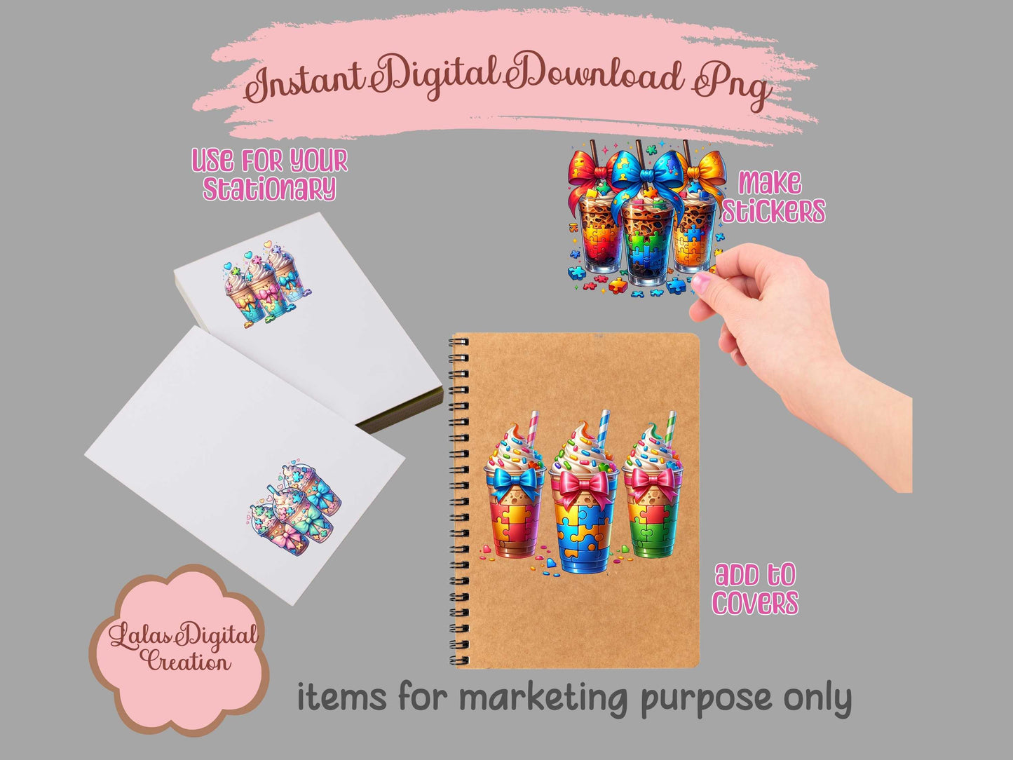 Autism Puzzle Iced Coffee Drink Coquette Bow Bundle Clipart PNG Instant Digital Download