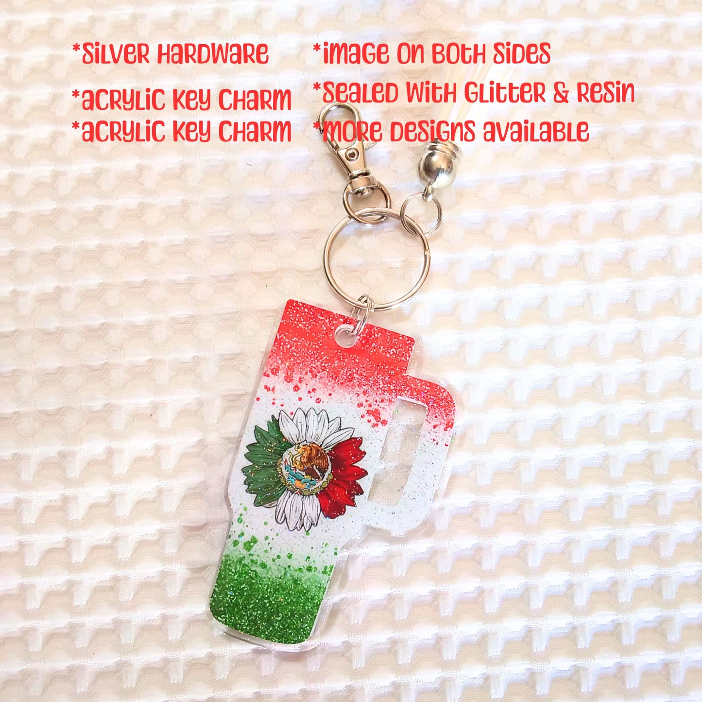 Tumbler Cup Keychain Mexico Pride Glitter Resin with Tassel Keychain-Novelty Keychain-Resin Acrylic Keychain-With Tassel Keychain