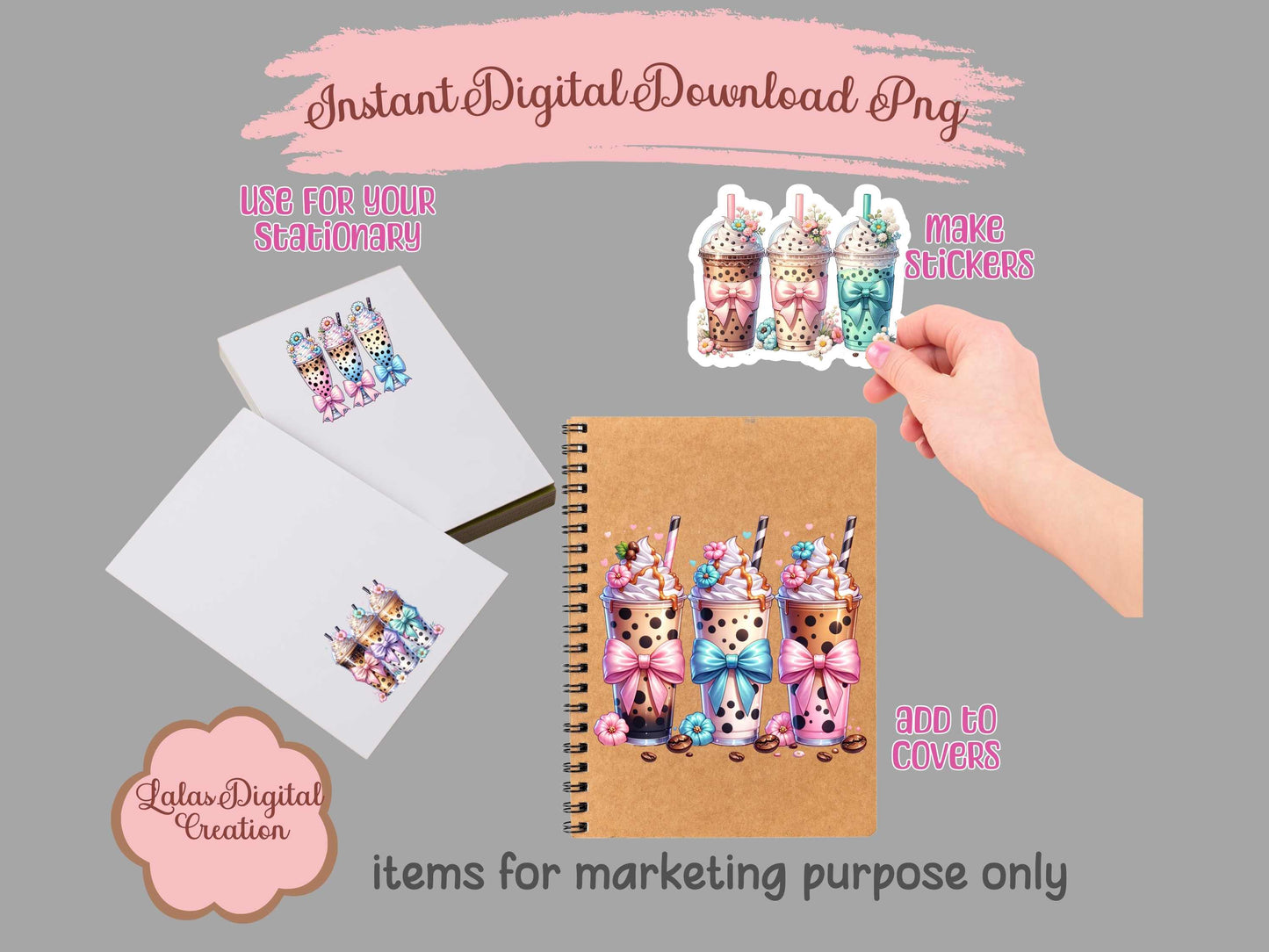 Iced Coffee Drink Coquette Bow Bundle Clipart PNG Instant Digital Download