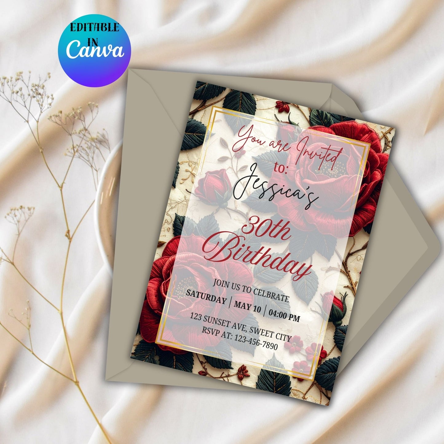 Floral Rose Birthday Invitation Canva Editable Template Instant Digital Download