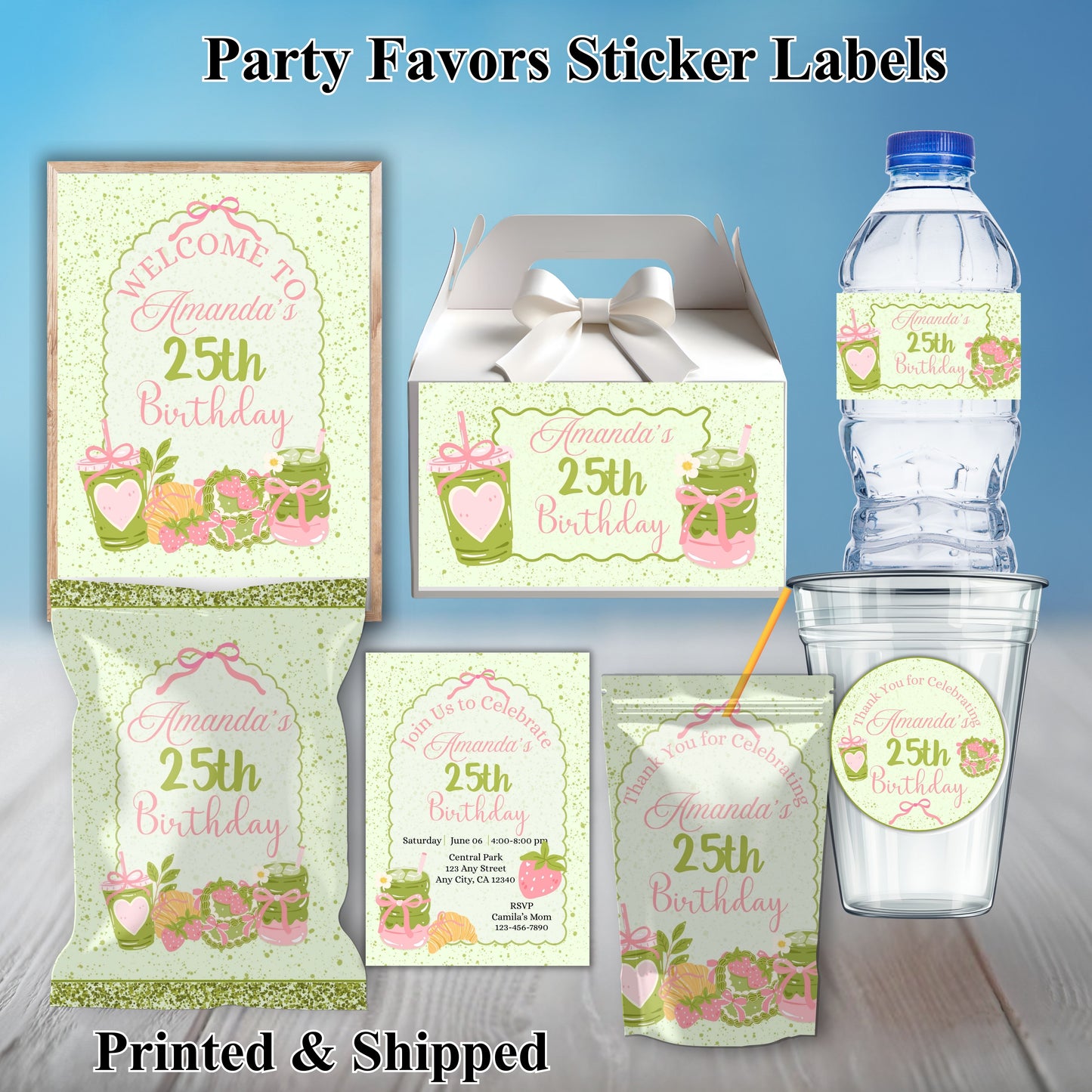 Green Matcha Girls Party Sticker Labels