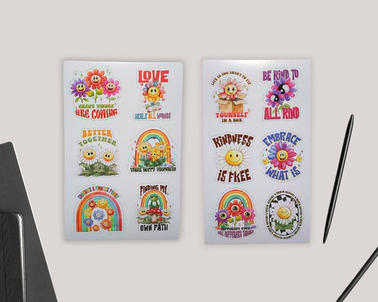 Positive Retro Flowers Sticker Sheet-Waterproof Vinyl Durable-Scrapbook Stickers-Novelty Sticker