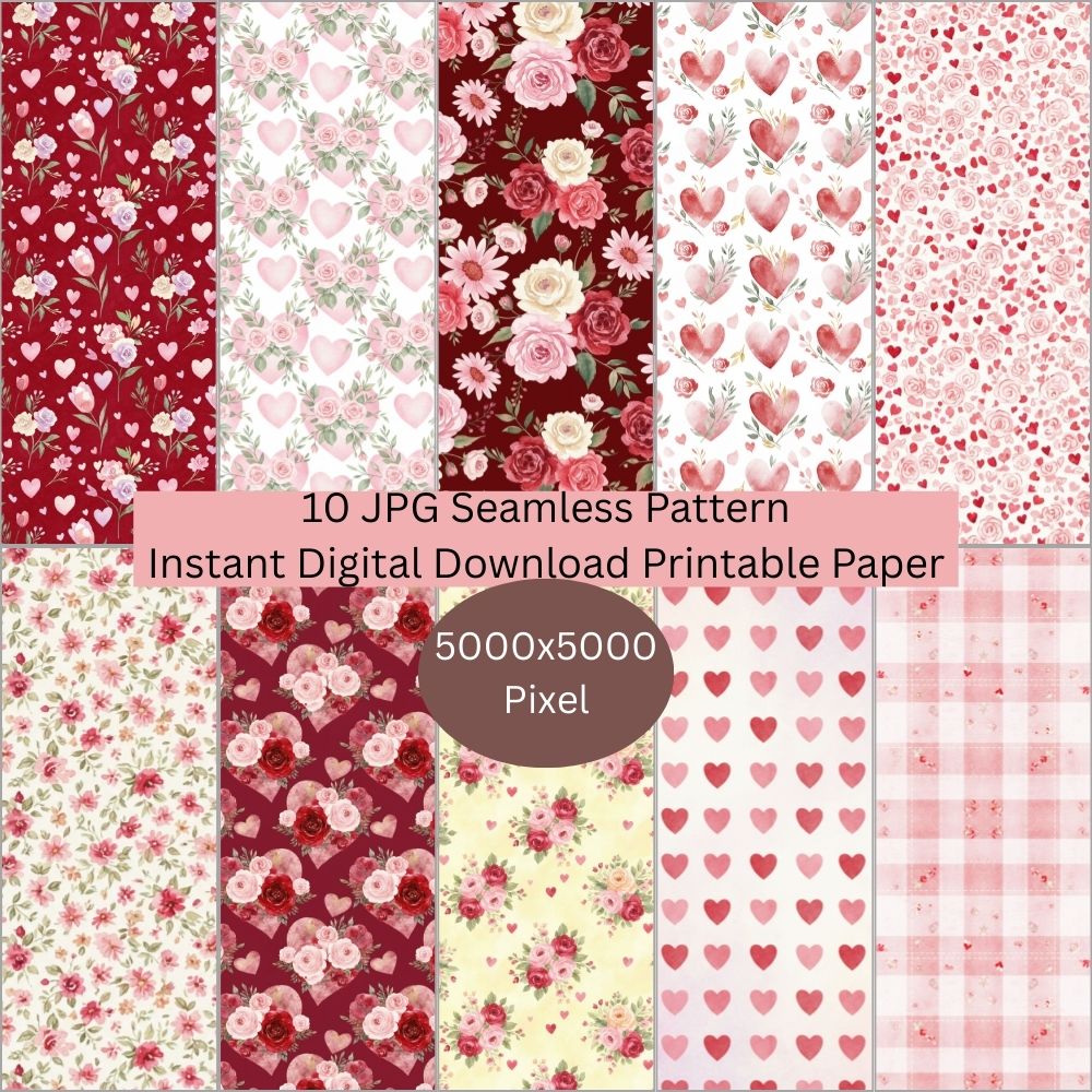 Floral & Hearts Valentines Seamless Repeating Pattern Paper Bundle Set