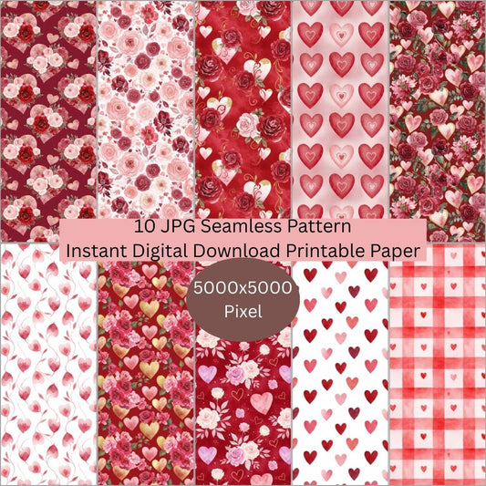 Valentines Floral & Hearts Seamless Repeating Pattern Paper Bundle Set