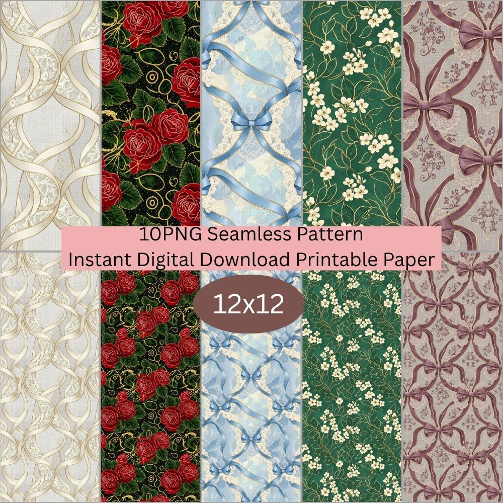 Elegant Bow & Floral Digital Pattern Paper Bundle
