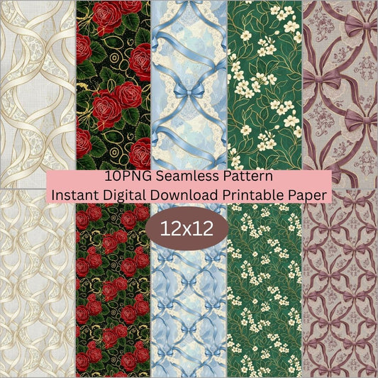 Elegant Bow & Floral Digital Pattern Paper Bundle