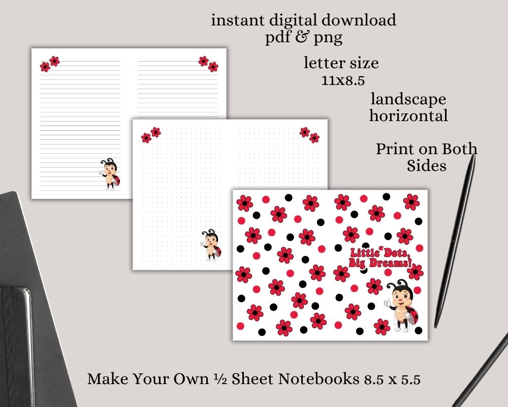 Red Daisy Ladybug Digital Lined & Dotted Grid Notebook PDF