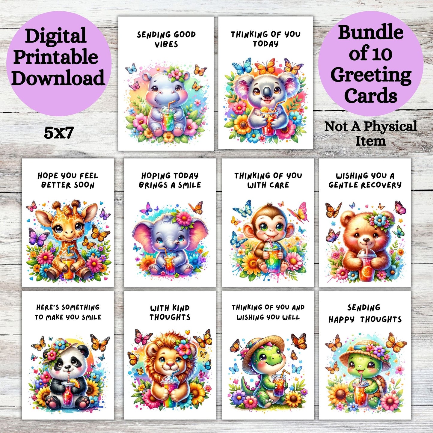 Animal Friends Printable Digital Greeting Cards Bundle Set