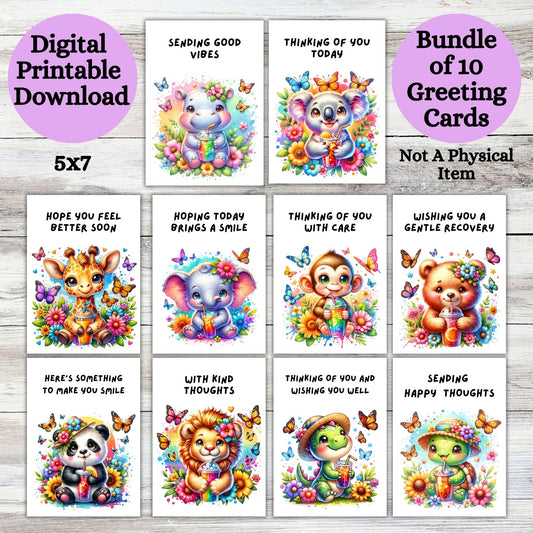 Animal Friends Printable Digital Greeting Cards Bundle Set