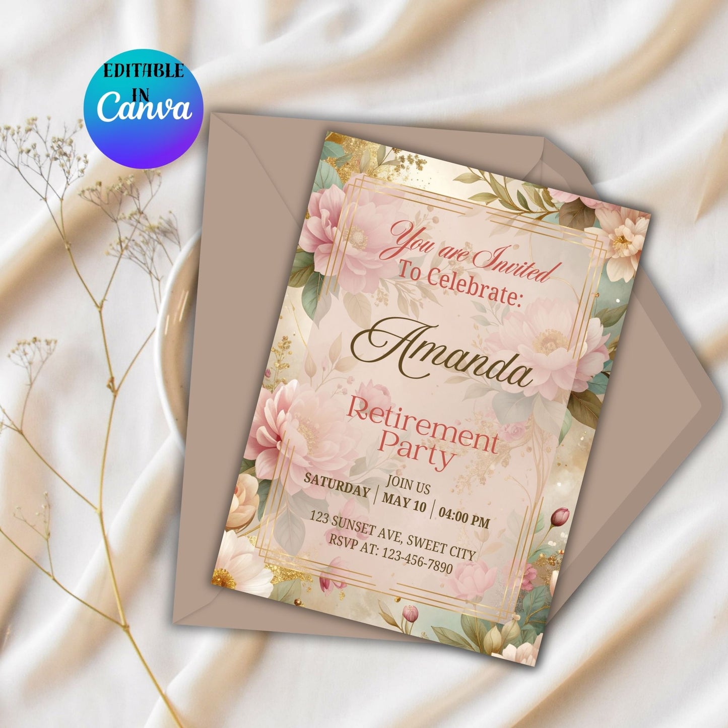 Pink Roses Retirement Party Invitation Canva Editable Template Instant Digital Download