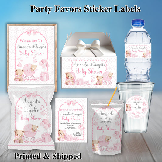 Pink Bear Girls Baby Shower Party Sticker Labels