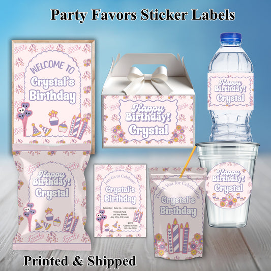 Pink Purple Retro Girl Party Sticker Labels