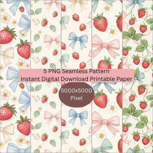 Cottagecore Spring Strawberries Seamless Repeating Pattern Paper Bundle