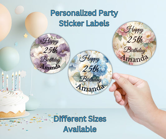 Elegant Floral Custom Personalized Happy Birthday Party Favor Sticker Labels