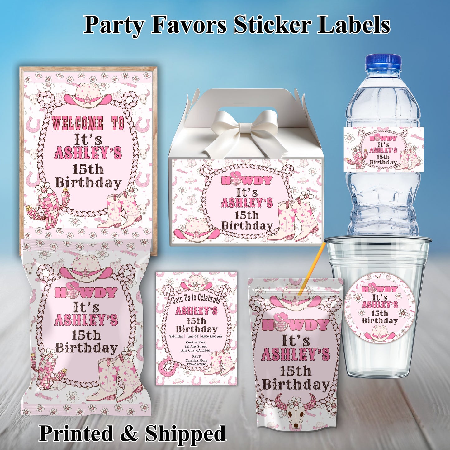 Pink Girl Western Birthday Party Sticker labels