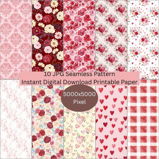 Hearts and Floral Seamless Repeating Pattern Paper Bundle Set