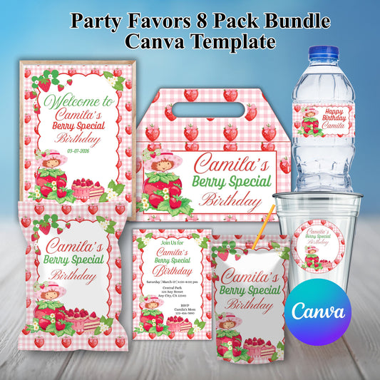 Strawberry Party Favor Bundle Editable Canva Template