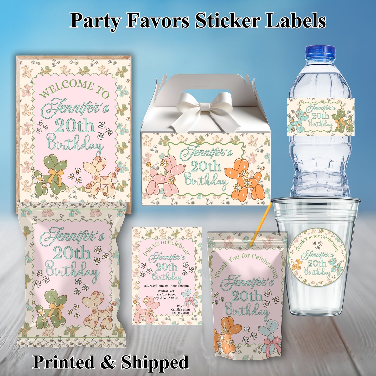 Preppy Balloon Dog Party Sticker Labels