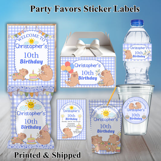 Blue Capybara Birthday Party Sticker Labels