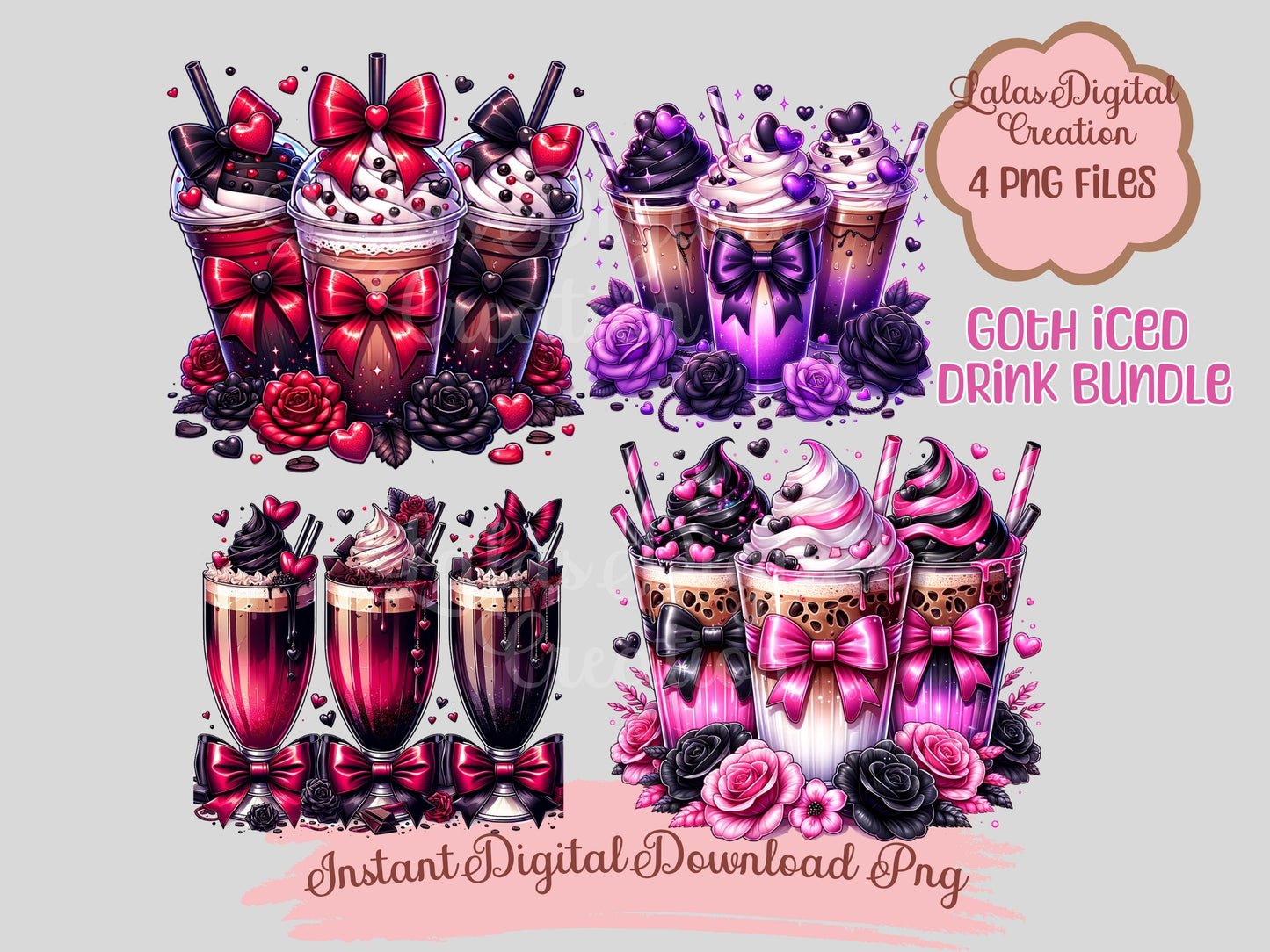 Goth Coquette Bow Iced Coffee Clipart Bundle Instant Digital PNG Download