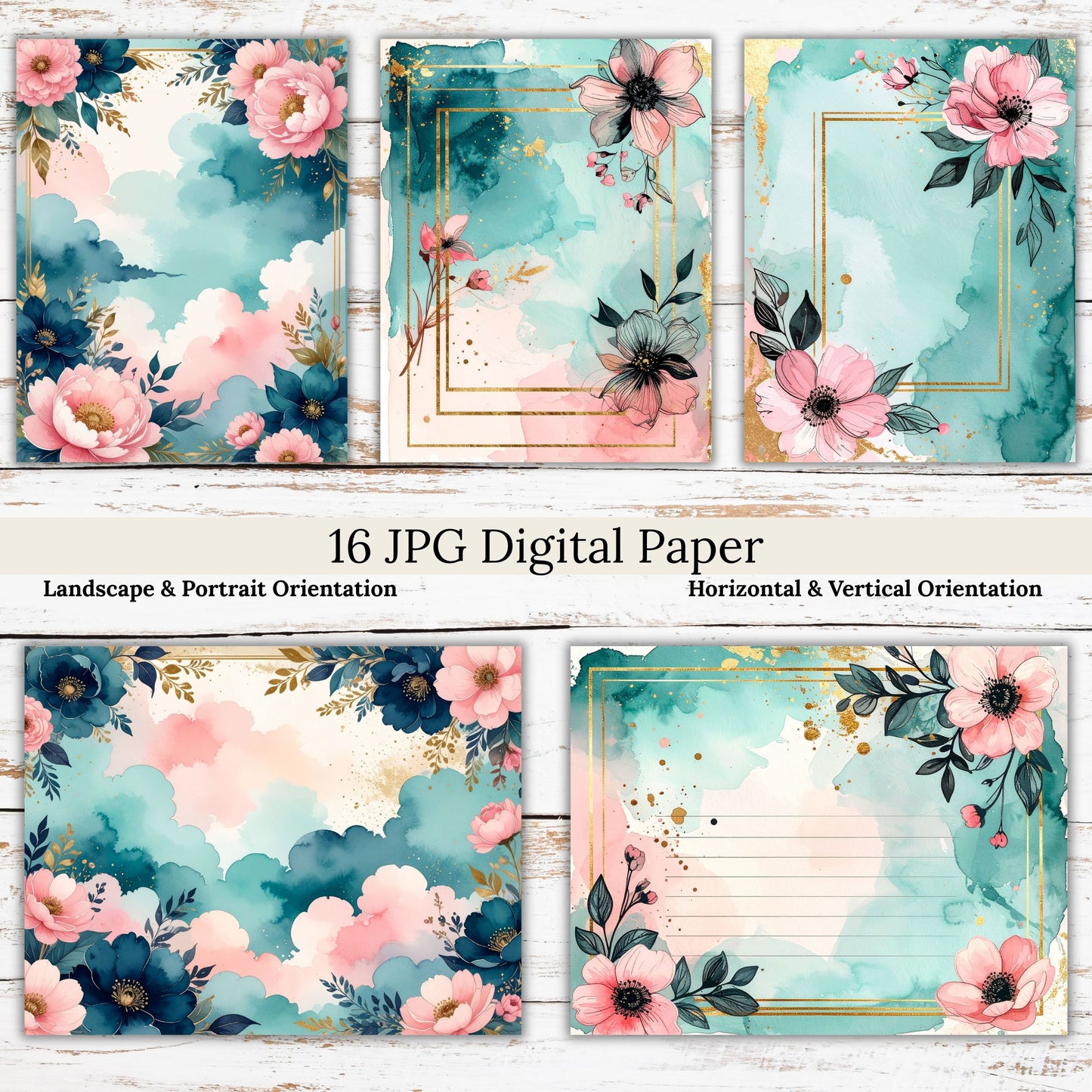 Watercolor Teal Pink Floral Digital Paper Pack Bundle